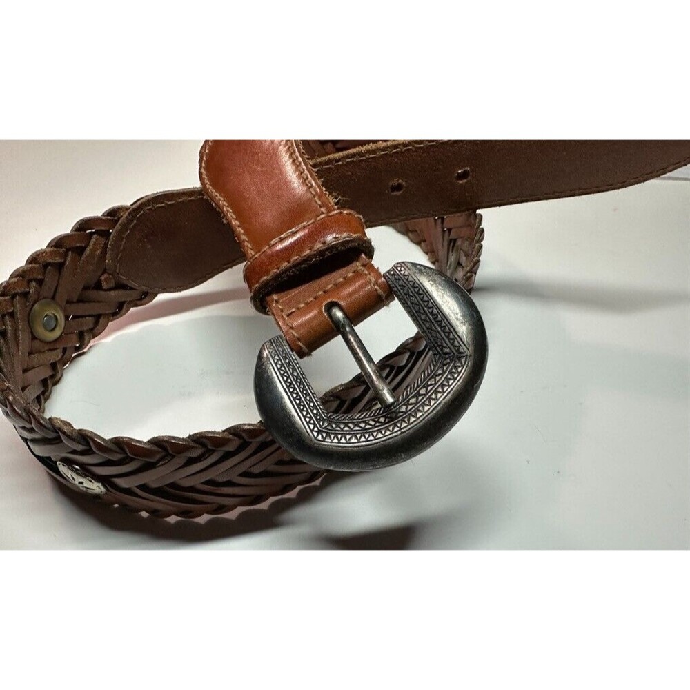 DKNY Brown Braided Leather Womens Belt Size Small Silver Buckle Concho Vintage